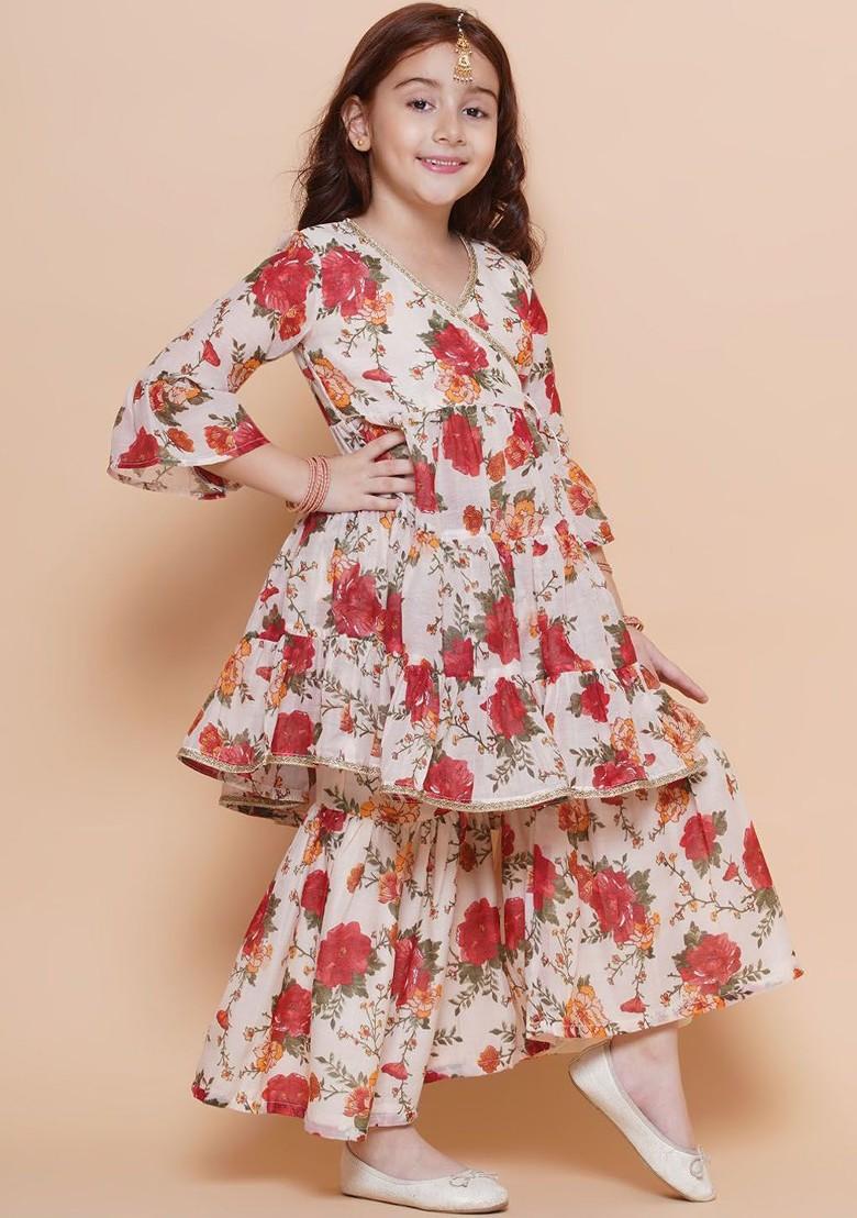 Off White Girls Floral Printed Kurta With Sharara