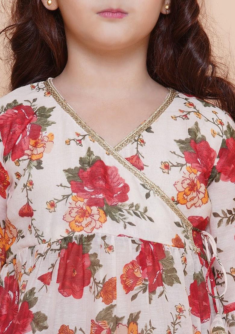 Off White Girls Floral Printed Kurta With Sharara