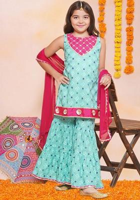 Green Girls Floral Printed Cotton Kurti With Sharara And Dupatta