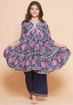 Blue Girls Floral Printed Cotton Kurta With Palazzos
