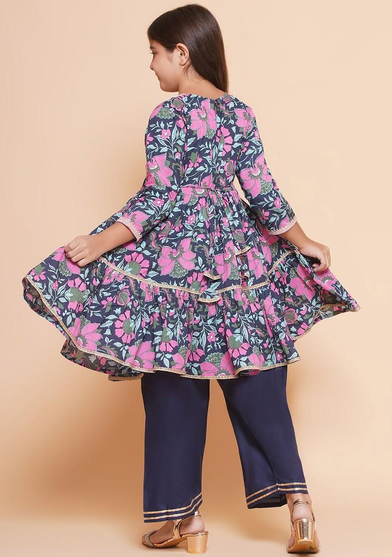 Blue Girls Floral Printed Cotton Kurta With Palazzos