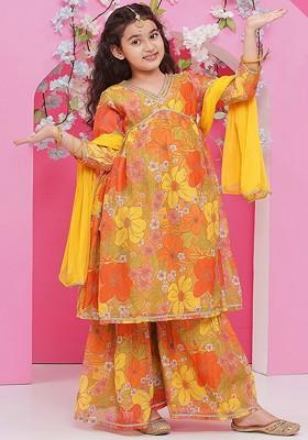 Yellow Girls Floral Printed Kurta With Sharara And Dupatta