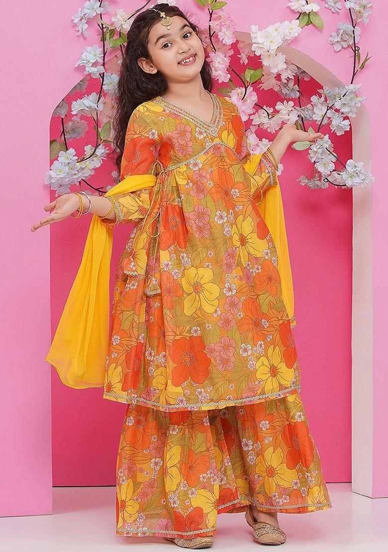 Yellow Girls Floral Printed Kurta With Sharara And Dupatta