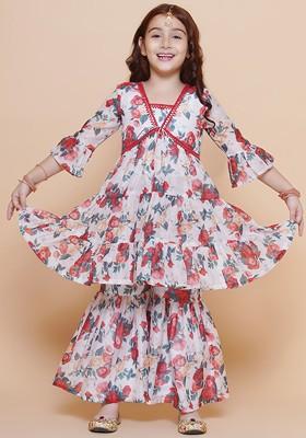 Off White Girls Floral Printed Empire Gotta Patti Kurta With Sharara