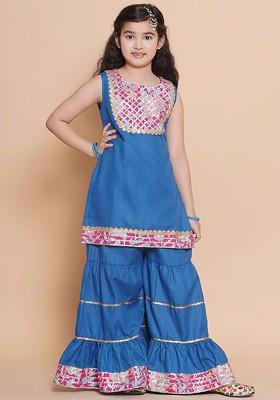 Blue Girls Solid Yoke Design Cotton Kurta With Sharara
