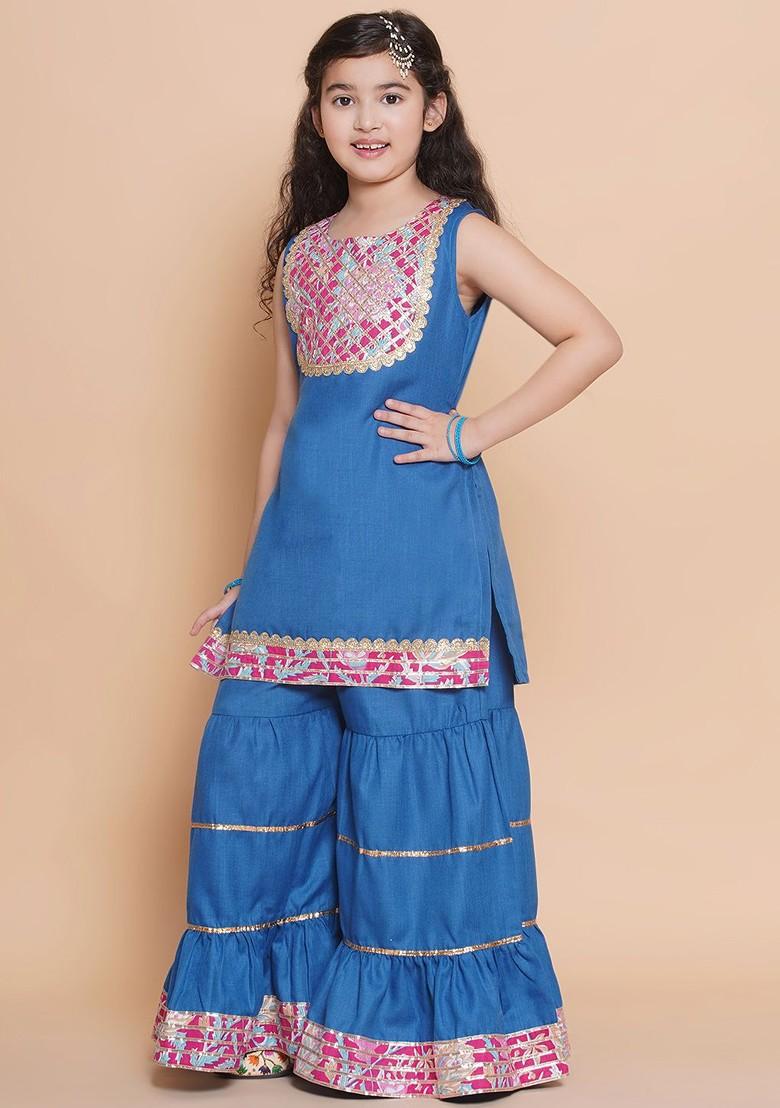 Blue Girls Solid Yoke Design Cotton Kurta With Sharara
