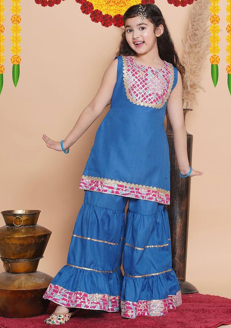 Blue Girls Solid Yoke Design Cotton Kurta With Sharara