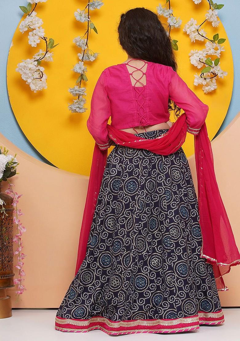 Pink Girls Embroidered Mirror Work Ready To Wear Lehenga And Blouse With Dupatta
