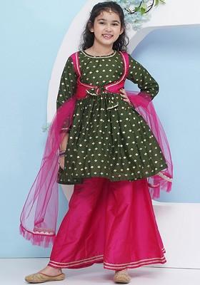 Green Girls Ethnic Motifs Empire Gotta Patti Kurta With Palazzos And With Dupatta