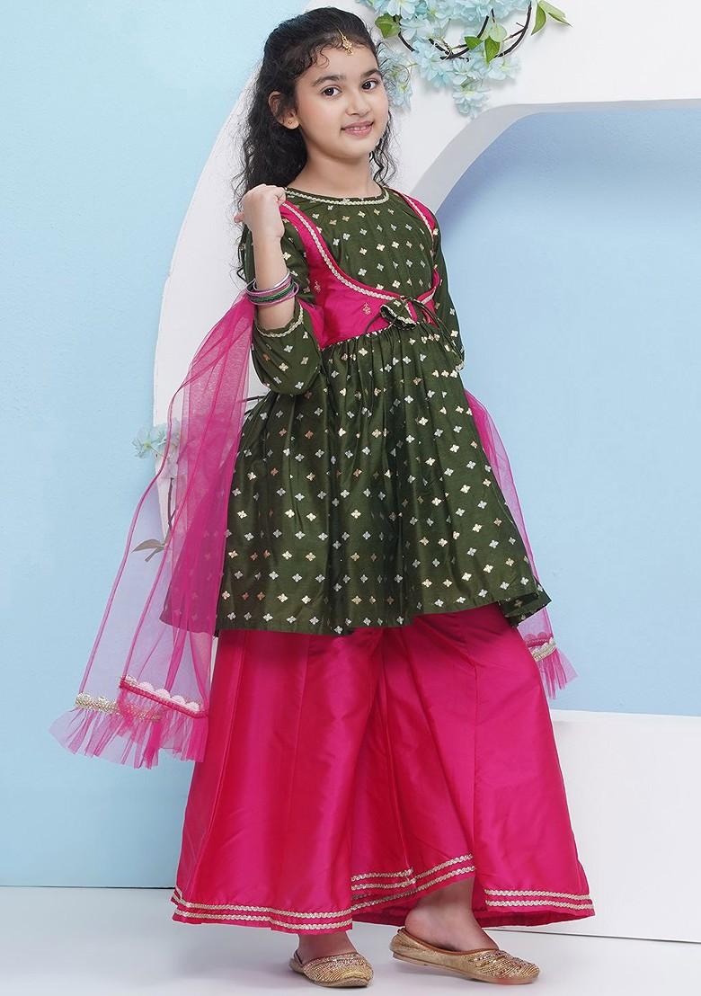 Green Girls Ethnic Motifs Empire Gotta Patti Kurta With Palazzos And With Dupatta