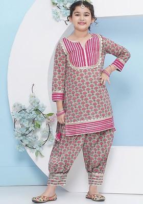 Green Girls Ethnic Motifs Printed Regular Gotta Patti Pure Cotton Kurta With Salwar