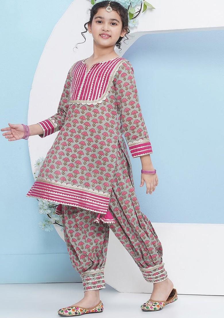 Green Girls Ethnic Motifs Printed Regular Gotta Patti Pure Cotton Kurta With Salwar