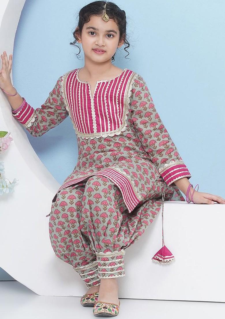 Green Girls Ethnic Motifs Printed Regular Gotta Patti Pure Cotton Kurta With Salwar