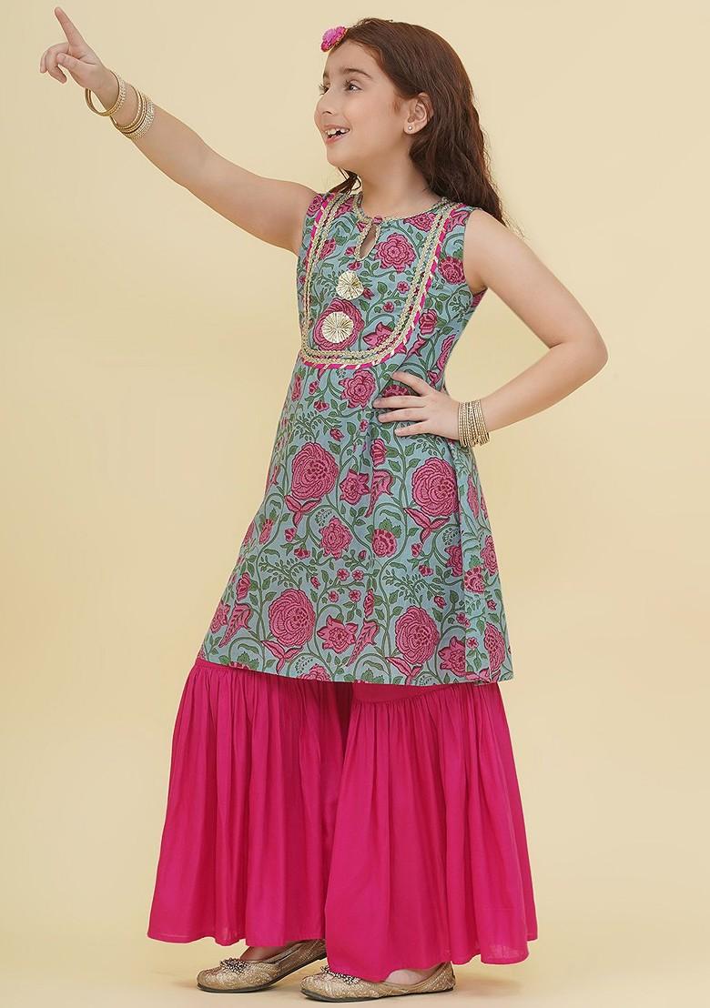 Blue Girls Ethnic Motifs Printed Panelled Gotta Patti Pure Cotton Kurta With Sharara