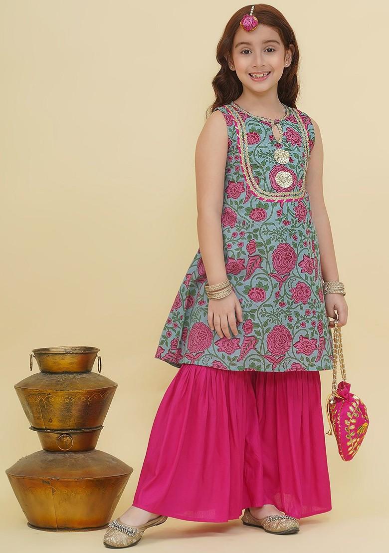 Blue Girls Ethnic Motifs Printed Panelled Gotta Patti Pure Cotton Kurta With Sharara