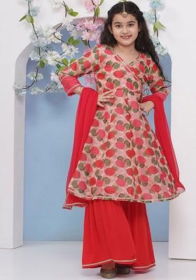 Red Girls Floral Printed V Neck Anarkali Kurta With Sharara And Dupatta