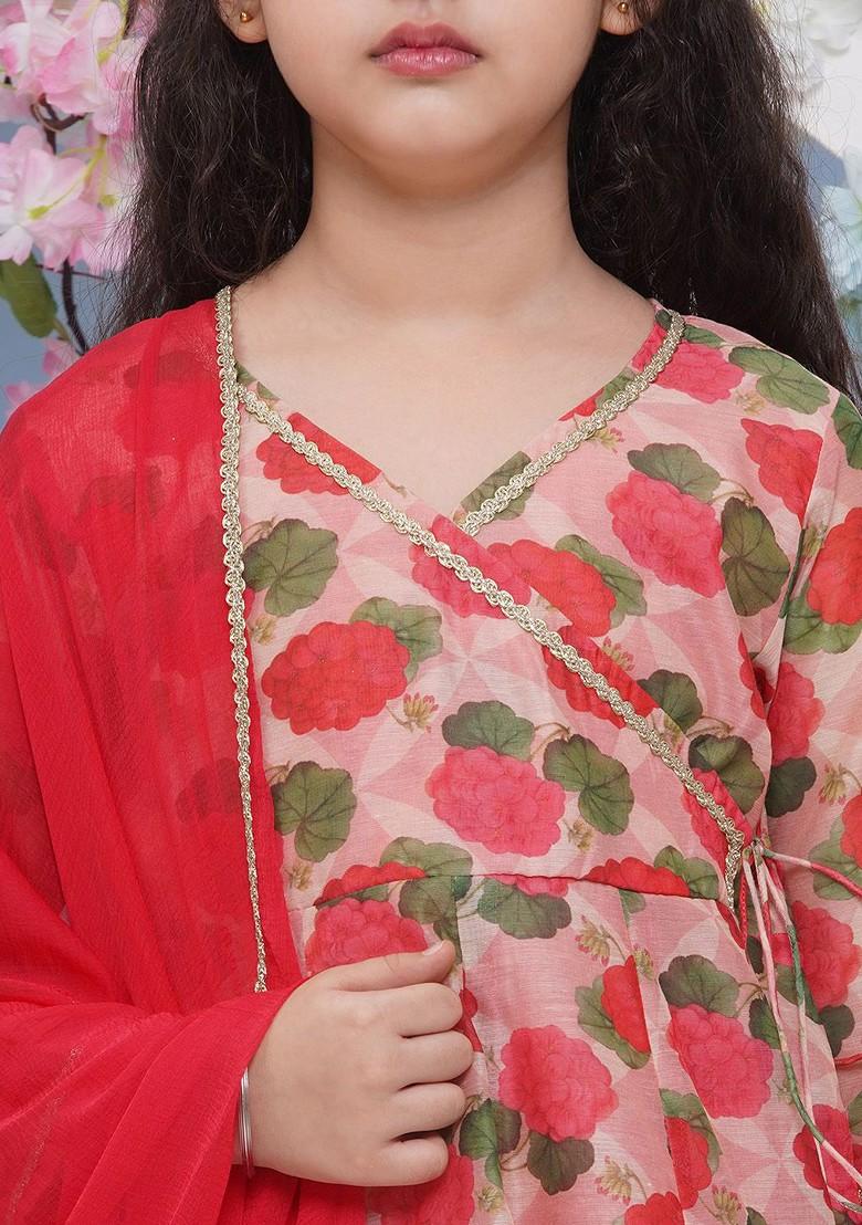 Red Girls Floral Printed V Neck Anarkali Kurta With Sharara And Dupatta
