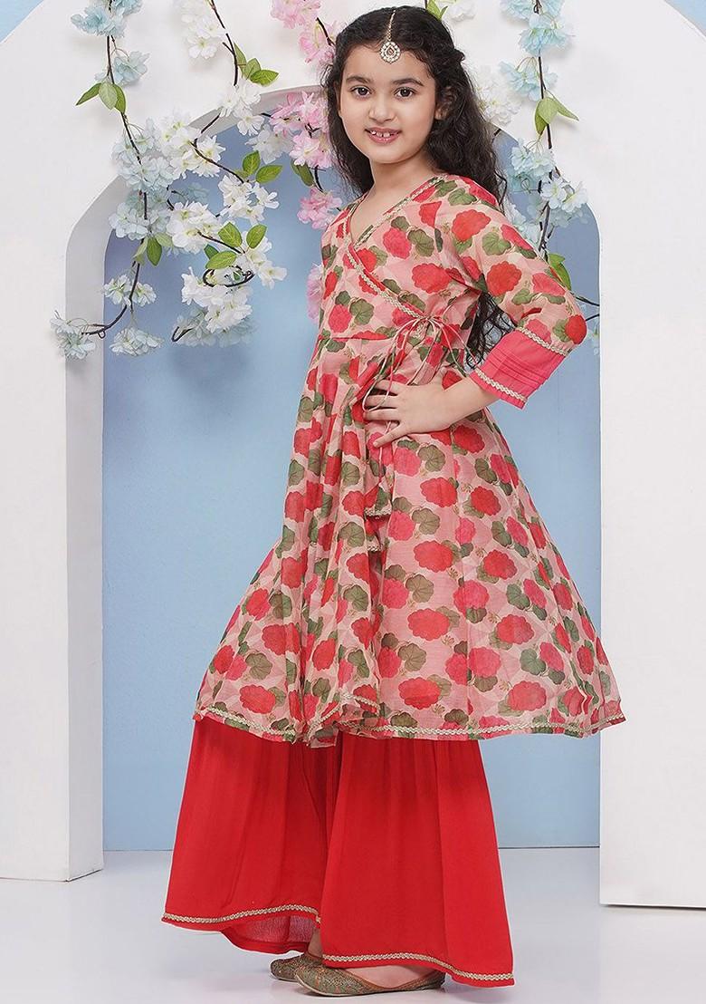 Red Girls Floral Printed V Neck Anarkali Kurta With Sharara And Dupatta