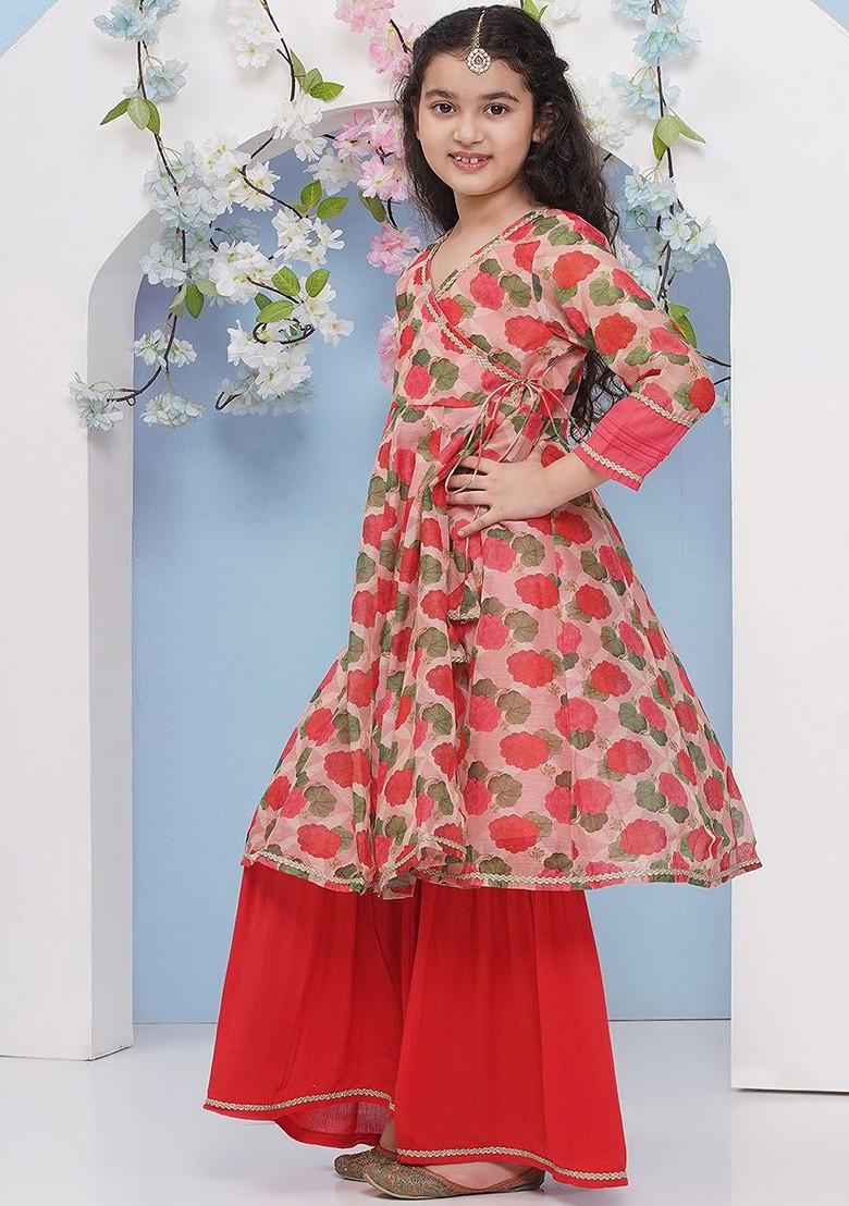Red Girls Floral Printed V Neck Anarkali Kurta With Sharara And Dupatta