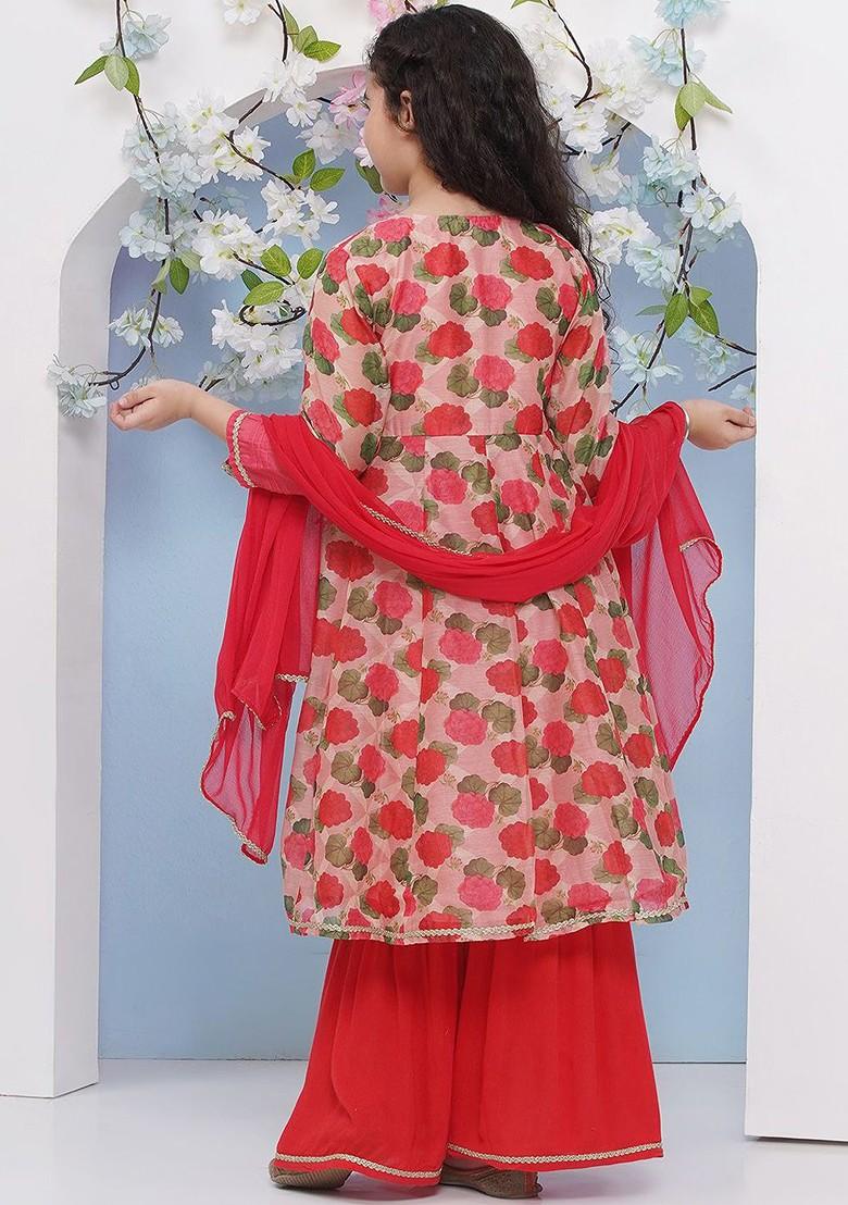 Red Girls Floral Printed V Neck Anarkali Kurta With Sharara And Dupatta
