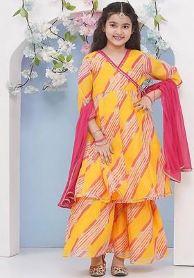 Yellow Girls Printed Angrakha Gotta Patti Kurta With Sharara And With Dupatta