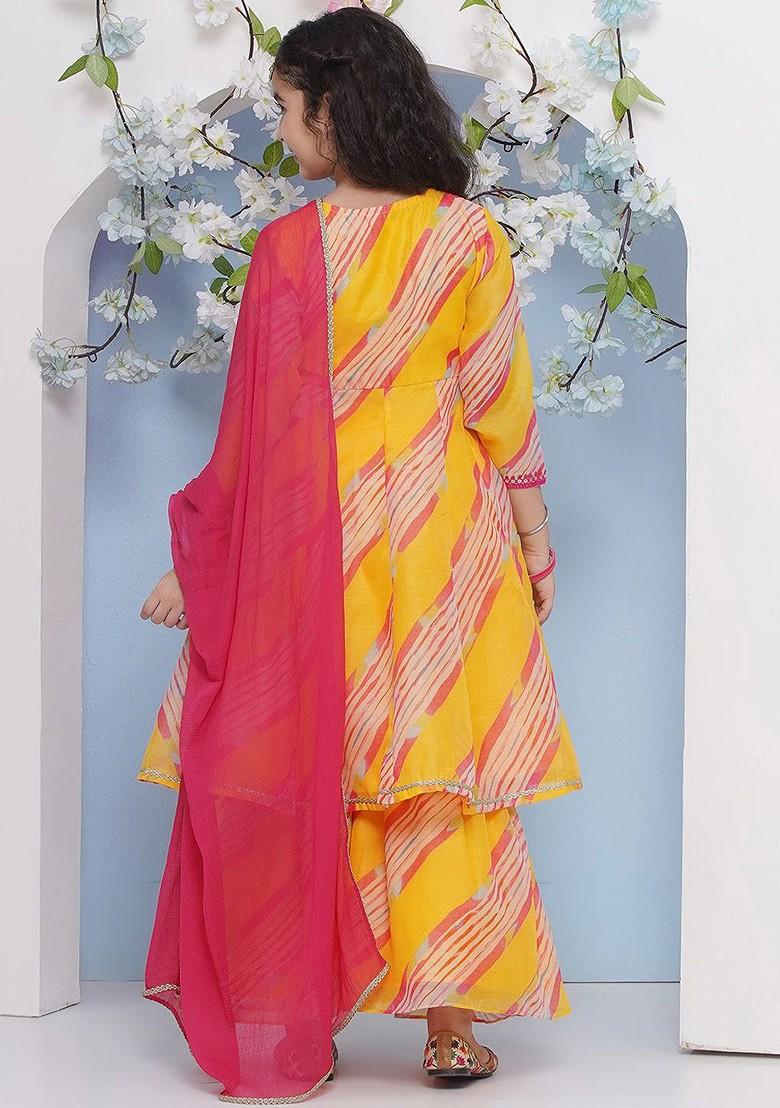 Yellow Girls Printed Angrakha Gotta Patti Kurta With Sharara And With Dupatta