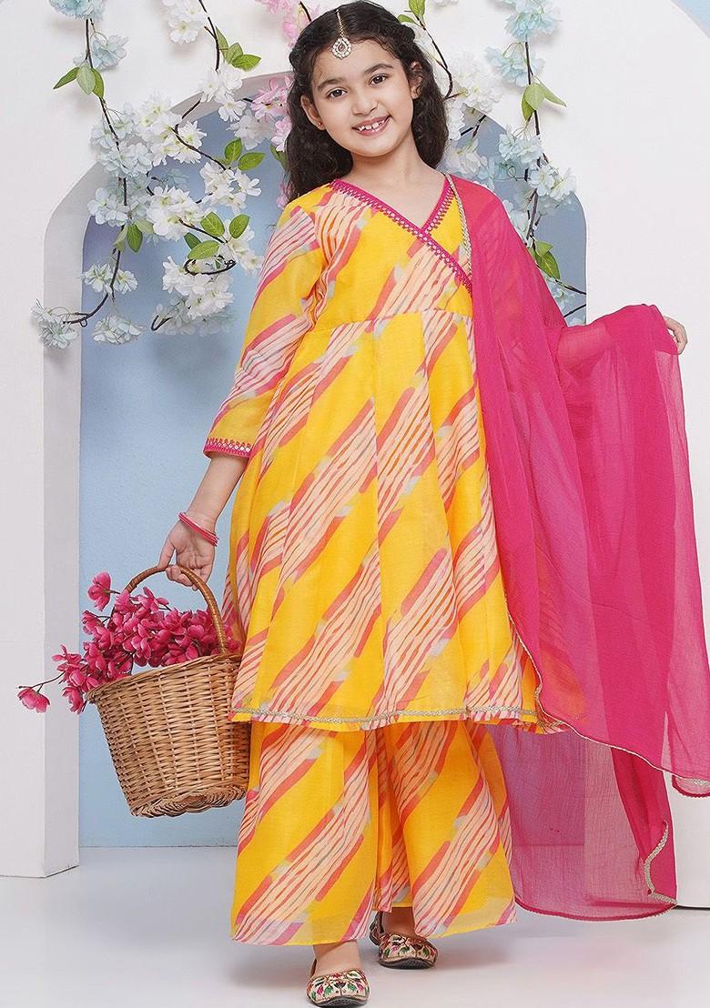 Yellow Girls Printed Angrakha Gotta Patti Kurta With Sharara And With Dupatta
