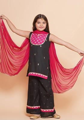 Black Girls Ethnic Motifs Embroidered Mirror Work Kurta With Palazzos And Dupatta
