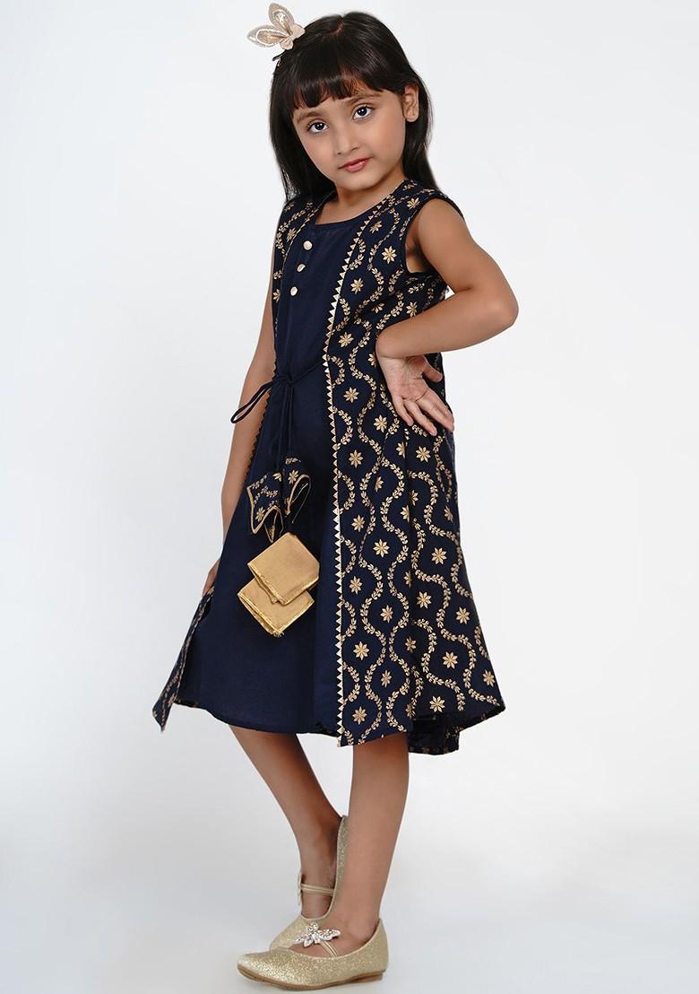 Navy Blue Girls Navy Blue Printed Layered A Line Dress
