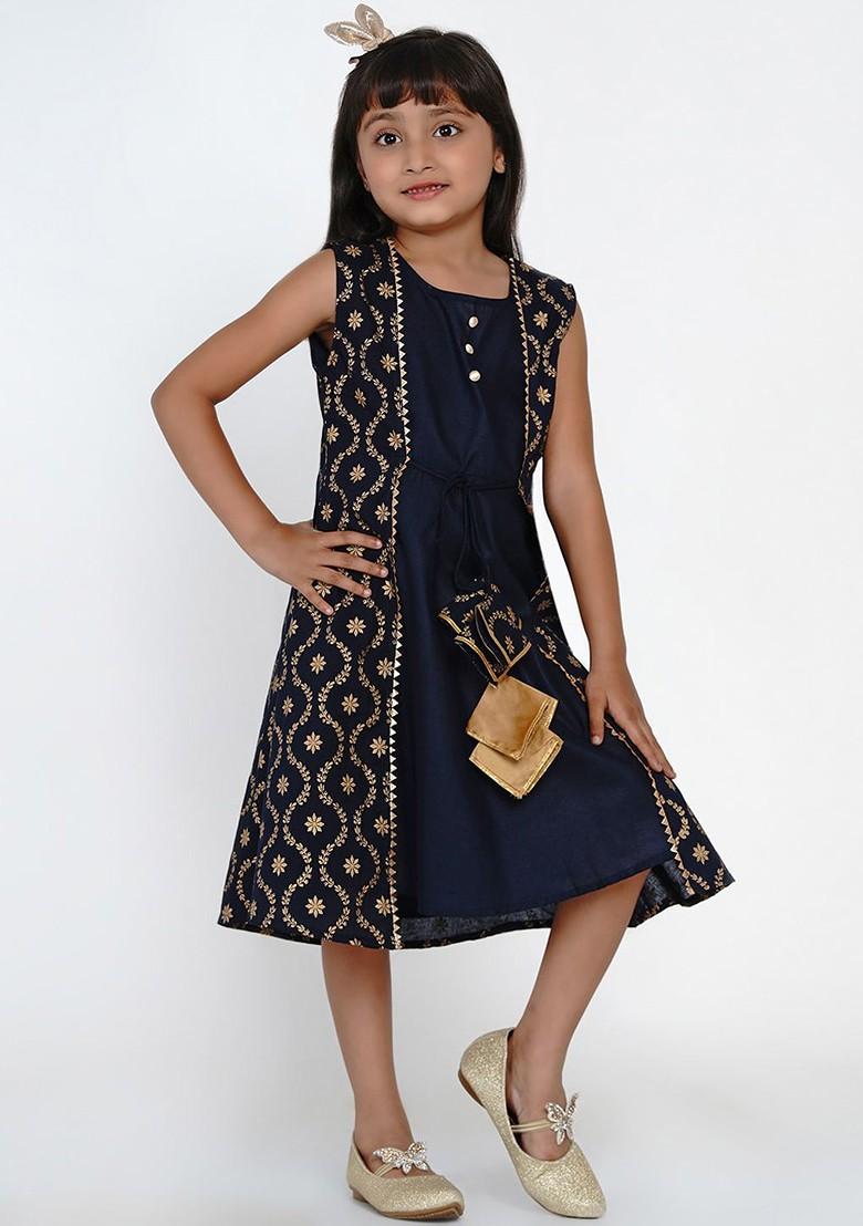 Navy Blue Girls Navy Blue Printed Layered A Line Dress