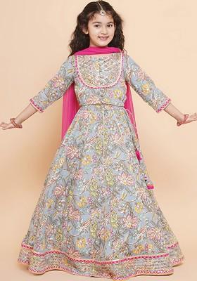Grey Girls Printed Ready To Wear Lehenga And Blouse With Dupatta