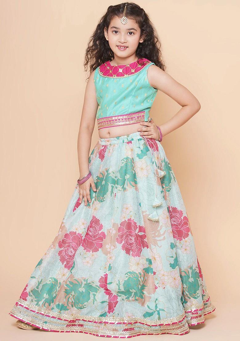 Green Girls Floral Printed Ready To Wear Lehenga And Blouse With Dupatta