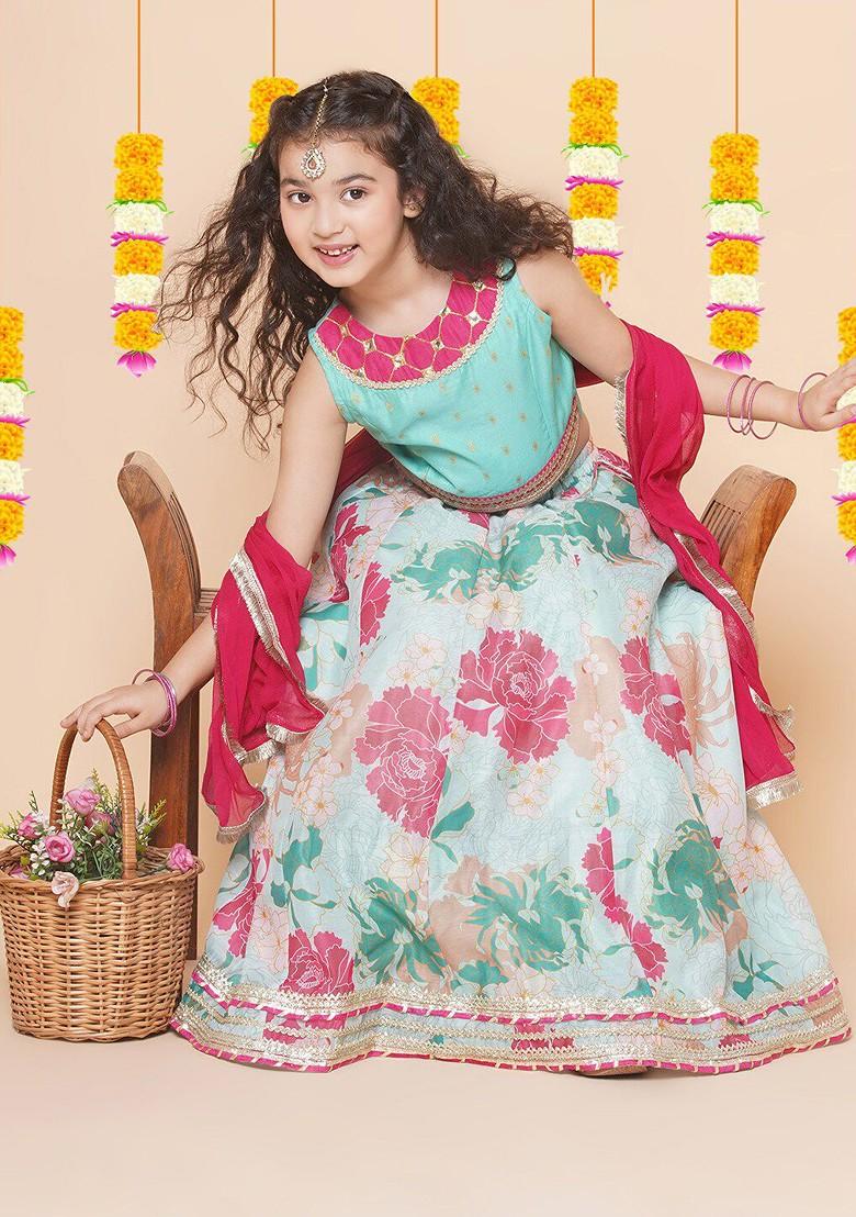 Green Girls Floral Printed Ready To Wear Lehenga And Blouse With Dupatta