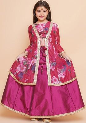 Pink Girls Floral Printed Gotta Patti Ready To Wear Lehenga With Choli And Shrug
