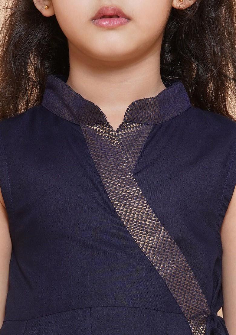 Navy Blue Girls Mandarin Collar Sleeveless Angrakha Kurta With Palazzos