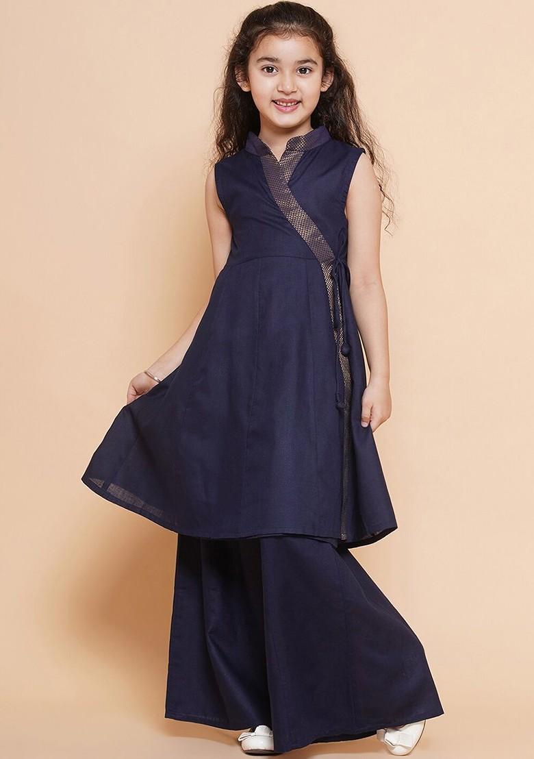 Navy Blue Girls Mandarin Collar Sleeveless Angrakha Kurta With Palazzos