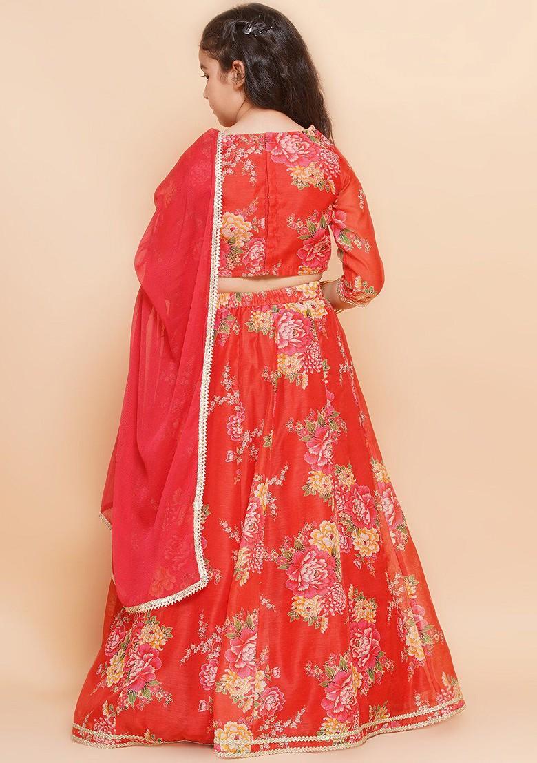 Red Girls Floral Printed Sequined Ready To Wear Lehenga And Blouse With Dupatta