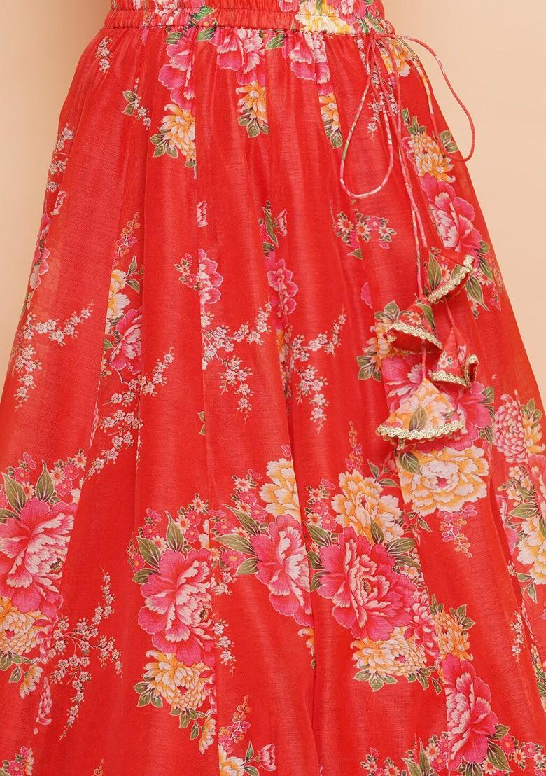 Red Girls Floral Printed Sequined Ready To Wear Lehenga And Blouse With Dupatta