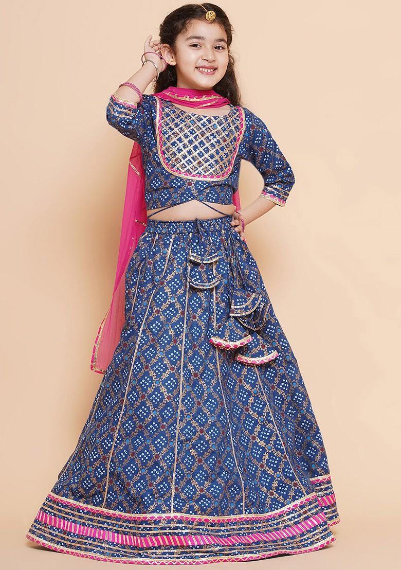 Blue Girls Printed Ready To Wear Lehenga And Blouse With Dupatta