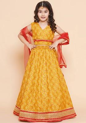 Yellow Girls Bandhani Printed Gotta Patti Cotton Lehenga And Blouse With Dupatta