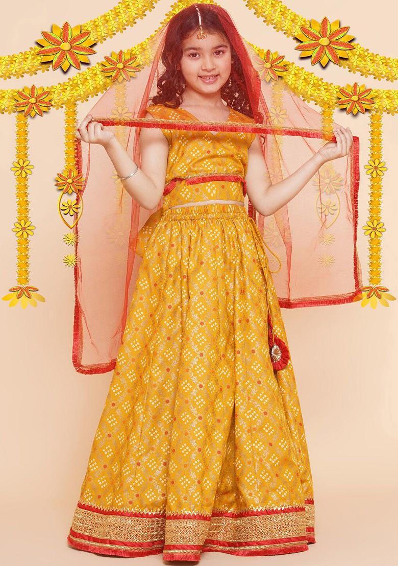 Yellow Girls Bandhani Printed Gotta Patti Cotton Lehenga And Blouse With Dupatta