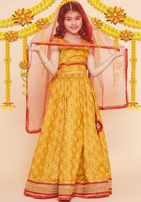 Yellow Girls Bandhani Printed Gotta Patti Cotton Lehenga And Blouse With Dupatta