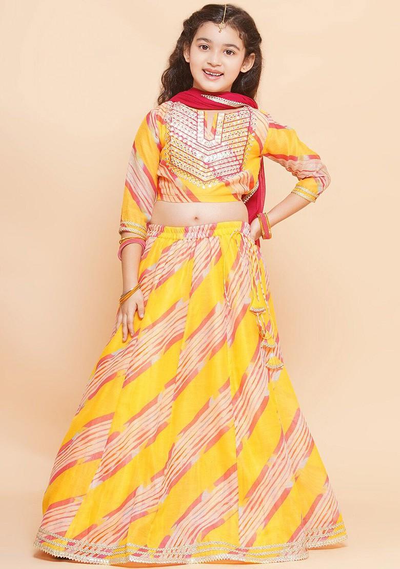 Yellow Girls Striped Mirror Work Ready To Wear Lehenga And Blouse With Dupatta