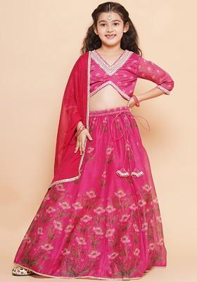 Pink Girls Printed Ready To Wear Lehenga And Blouse With Dupatta