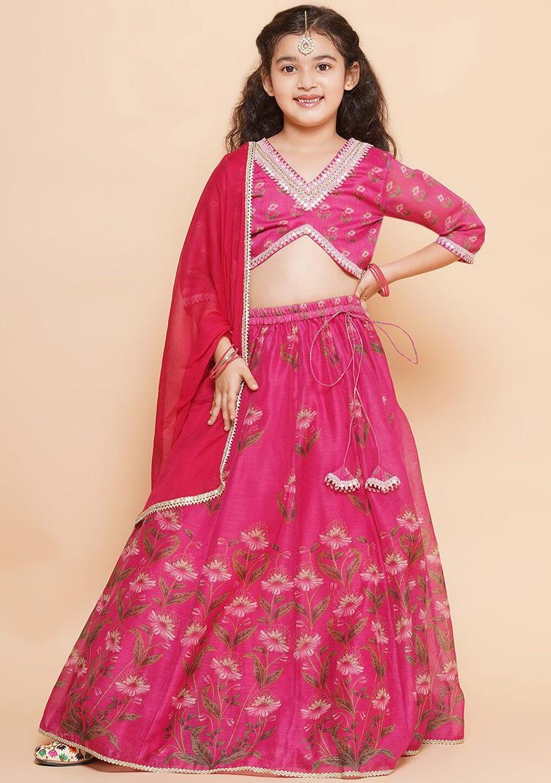 Pink Girls Printed Ready To Wear Lehenga And Blouse With Dupatta