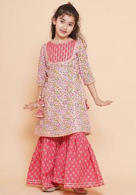 Pink Girls Floral Printed Regular Gotta Patti Pure Cotton Kurta With Sharara