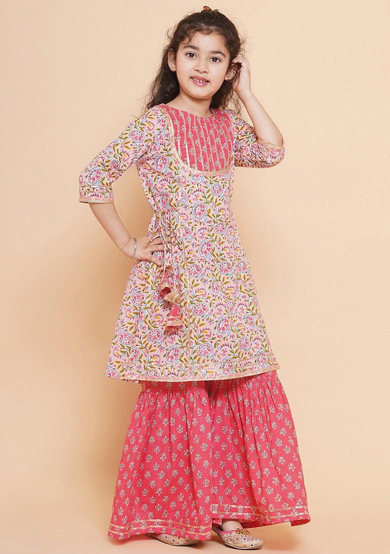Pink Girls Floral Printed Regular Gotta Patti Pure Cotton Kurta With Sharara