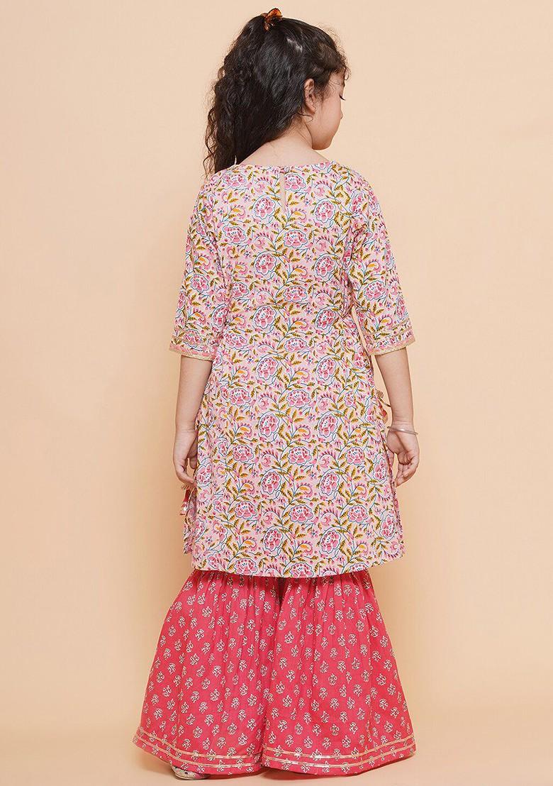 Pink Girls Floral Printed Regular Gotta Patti Pure Cotton Kurta With Sharara