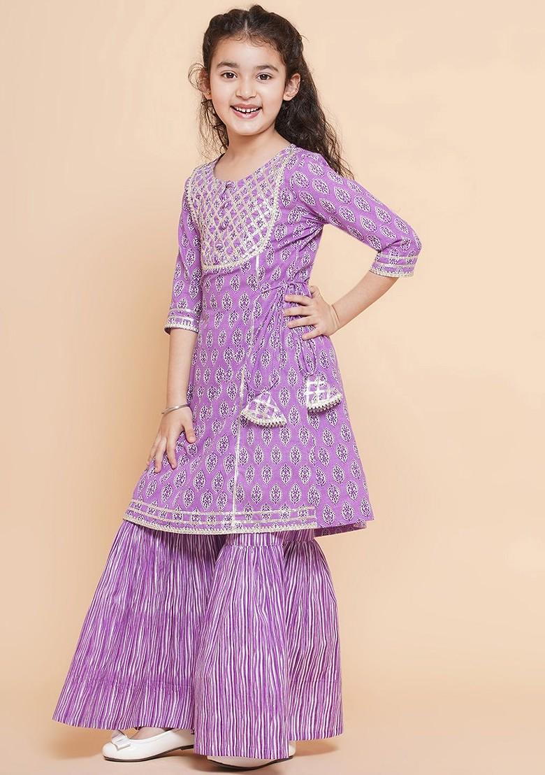 Purple Girls Ethnic Motifs Printed Gotta Patti Pure Cotton Kurta With Sharara