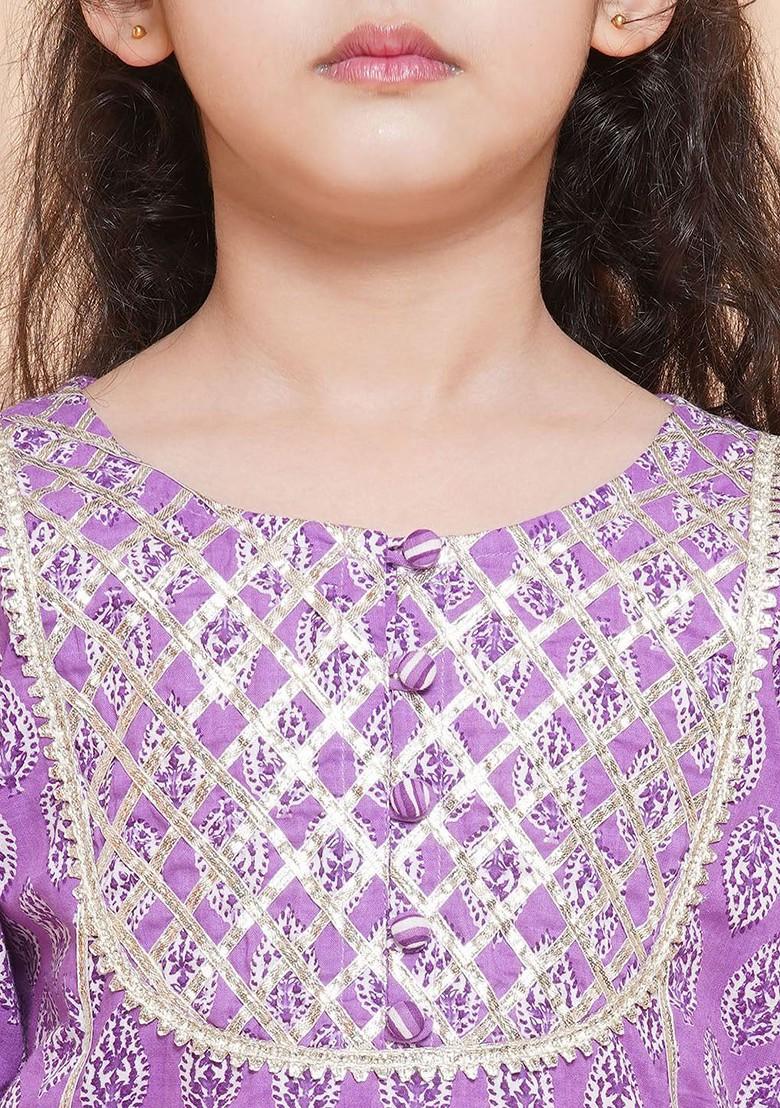 Purple Girls Ethnic Motifs Printed Gotta Patti Pure Cotton Kurta With Sharara